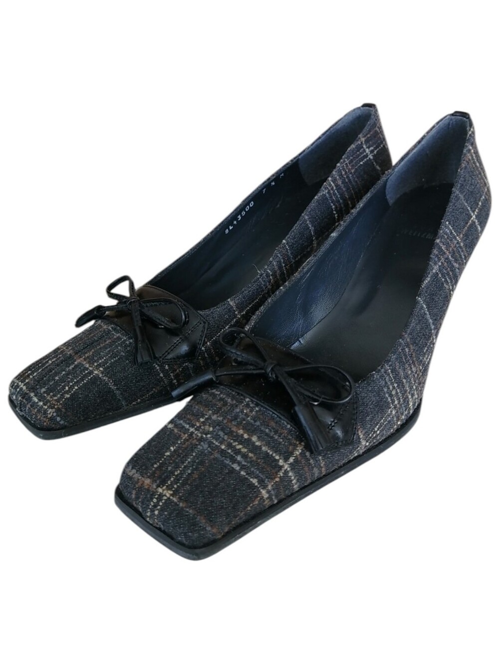 Stuart Weitzman Plaid Heels with Leather Bow Block Kitten Heel Size 7.5